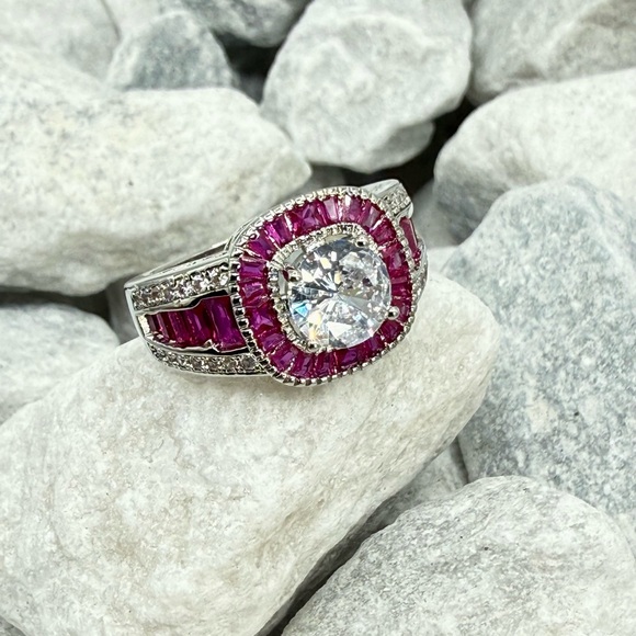 Lab Created Ruby Halo Ring 2.6 CT CZ Silver Tone Over Copper Sz 7.25 - Picture 6 of 17